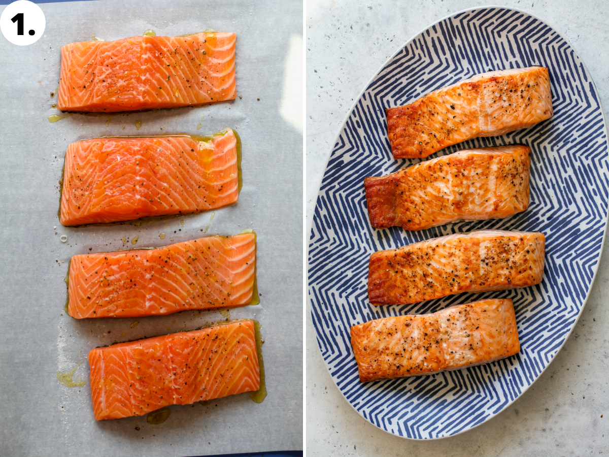 Four salmon fillets being broiled and arranged on a platter.