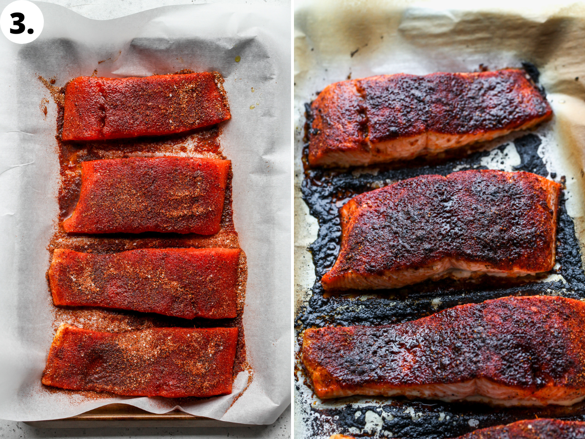Four salmon fillets being seasoned with spice mixture and broiled until caramelized.