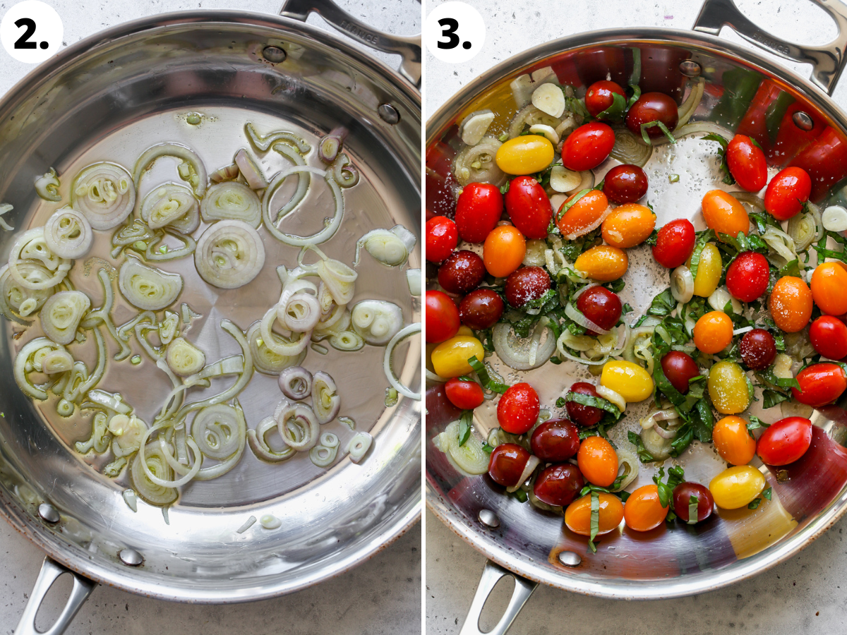 Shallots being sautéed until soft, and tomatoes, basil, and garlic being added to pan.