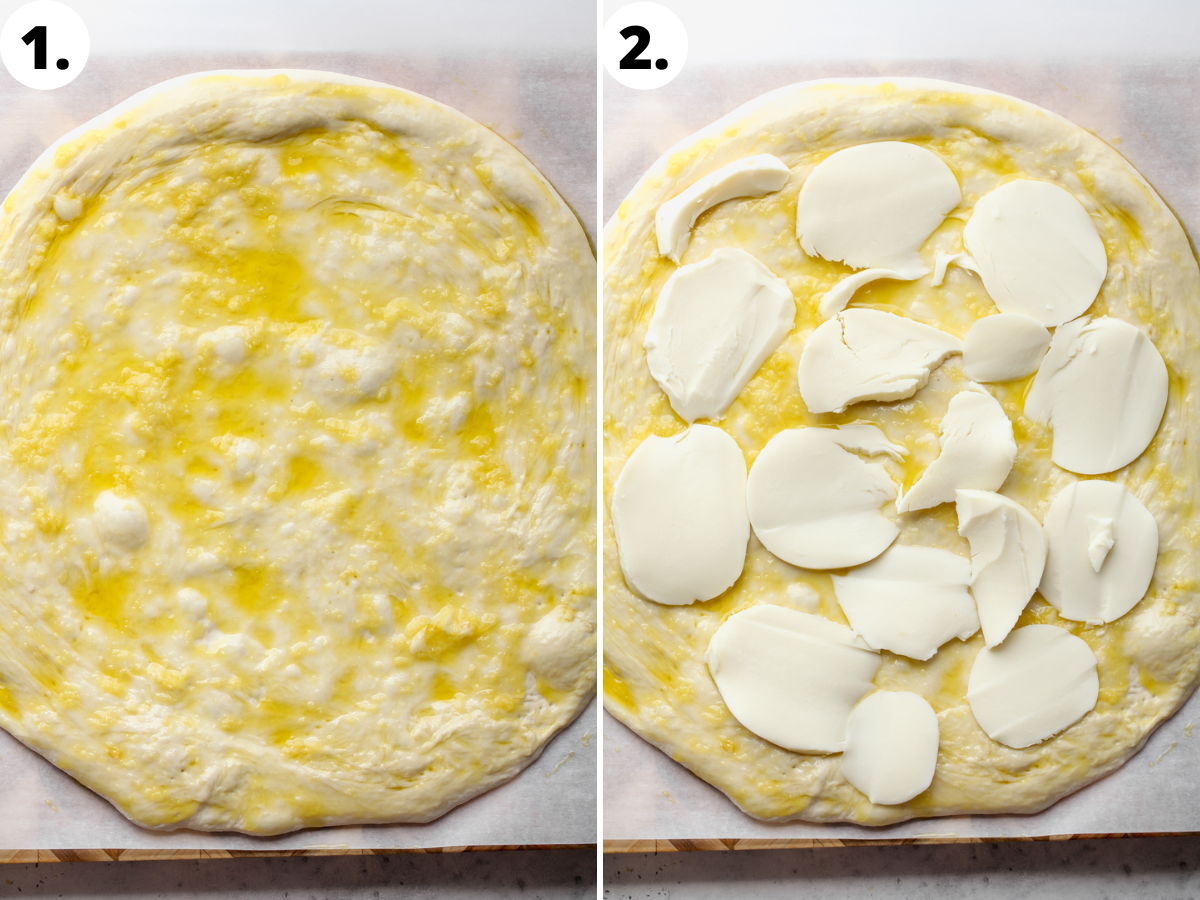 Garlic oil and mozzarella being applied to a round of raw pizza dough.