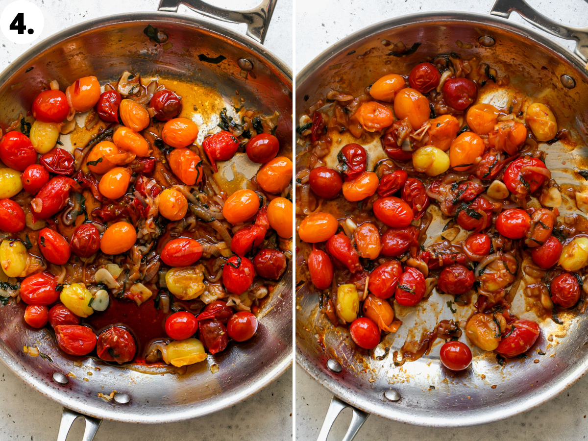 Tomato mixture being simmered until broken down in a large skillet.