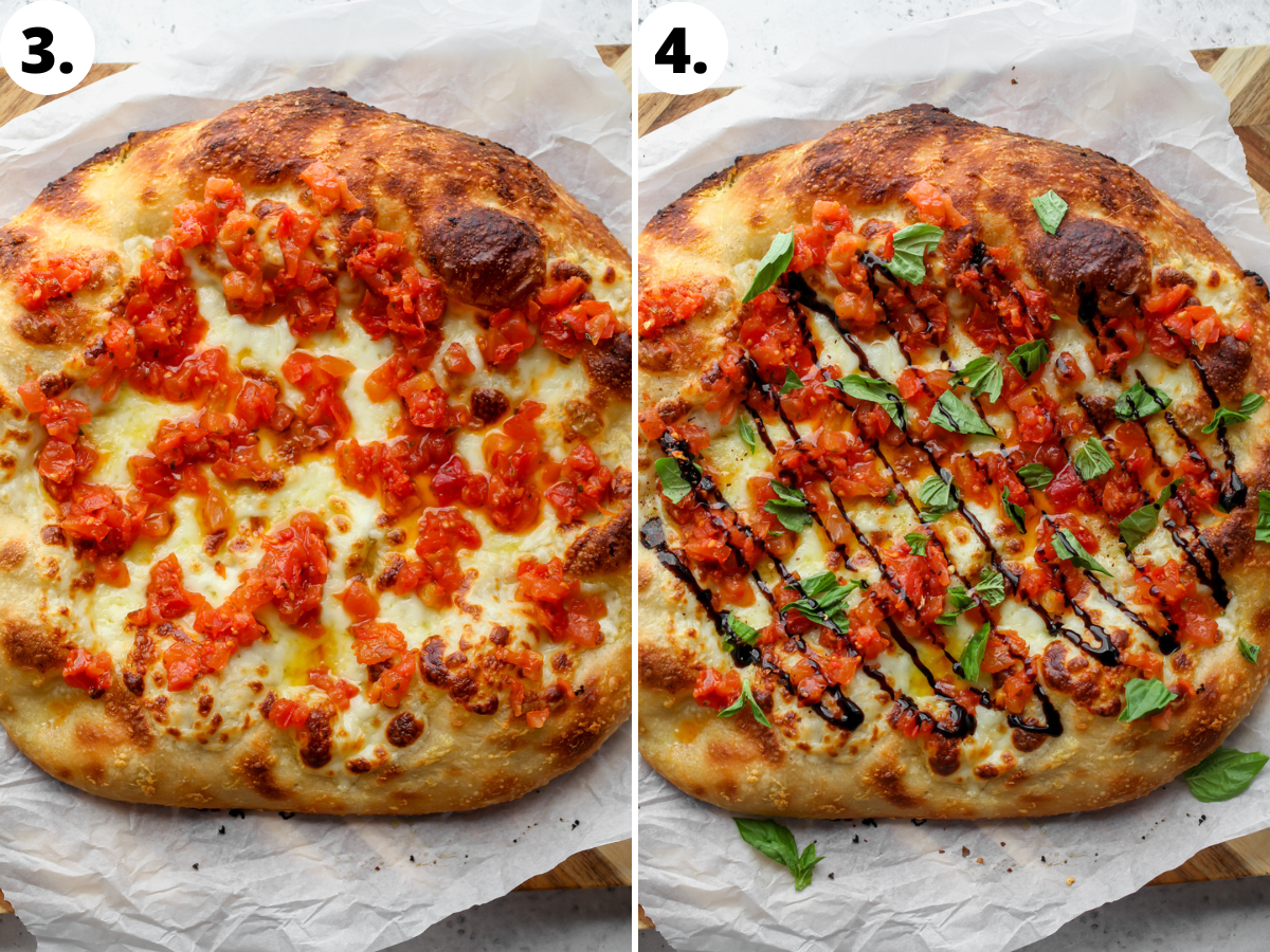 Bruschetta topping, balsamic glaze, and basil being added to baked pizza crust.