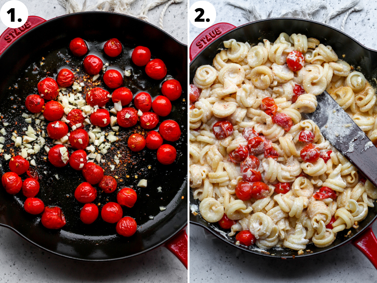 Cherry tomatoes, garlic, and red pepper flakes being sautéed, and pasta and ricotta cheese being mixed in.