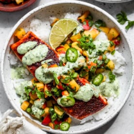BBQ Salmon Bowls with Jalapeño-Peach Salsa