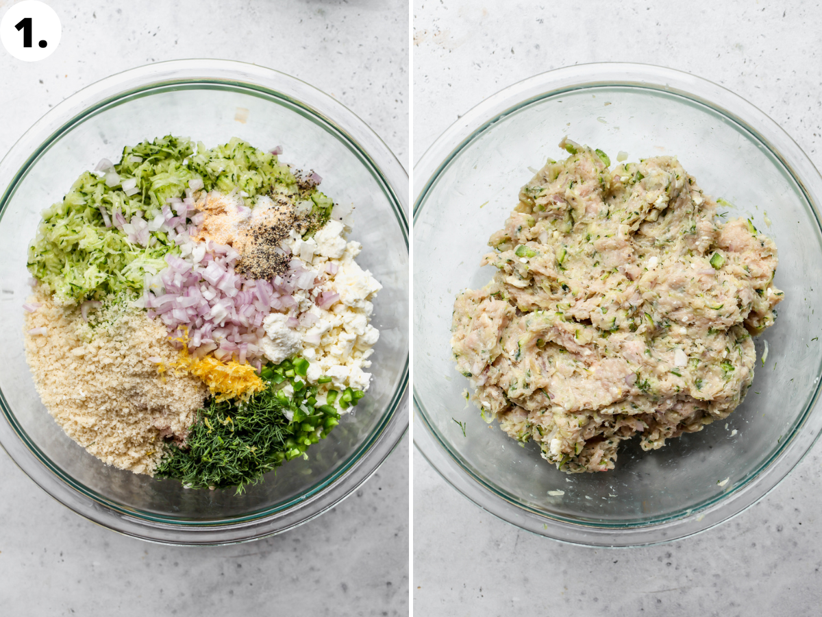 Meatball ingredients being mixed together in a clear glass bowl.