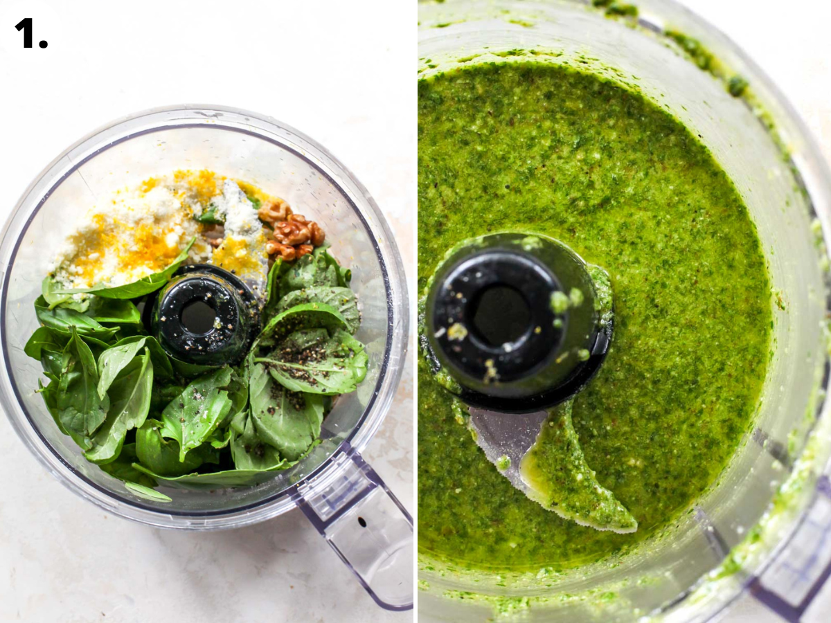 Pesto being blended until smooth in a food processor.