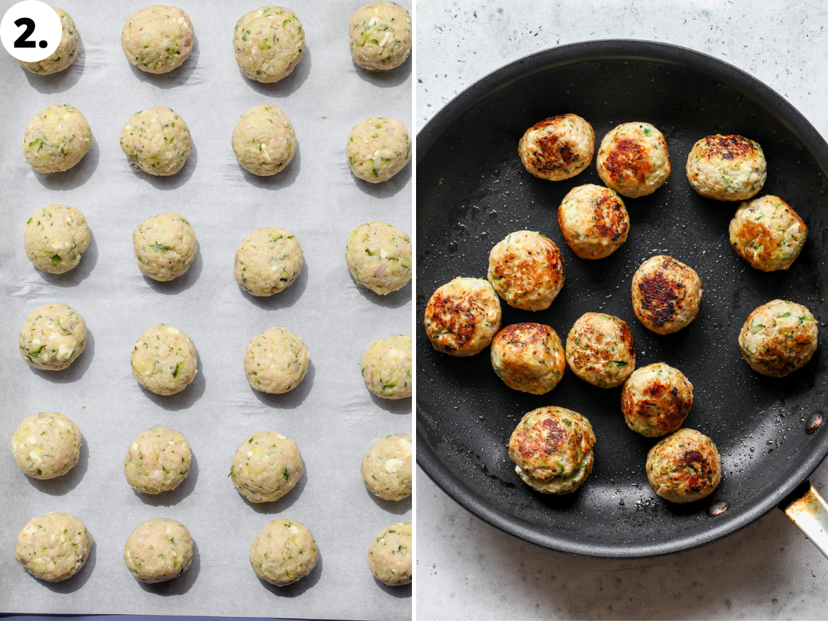 Chicken mixture being rolled into balls and sautéed until golden in a skillet.