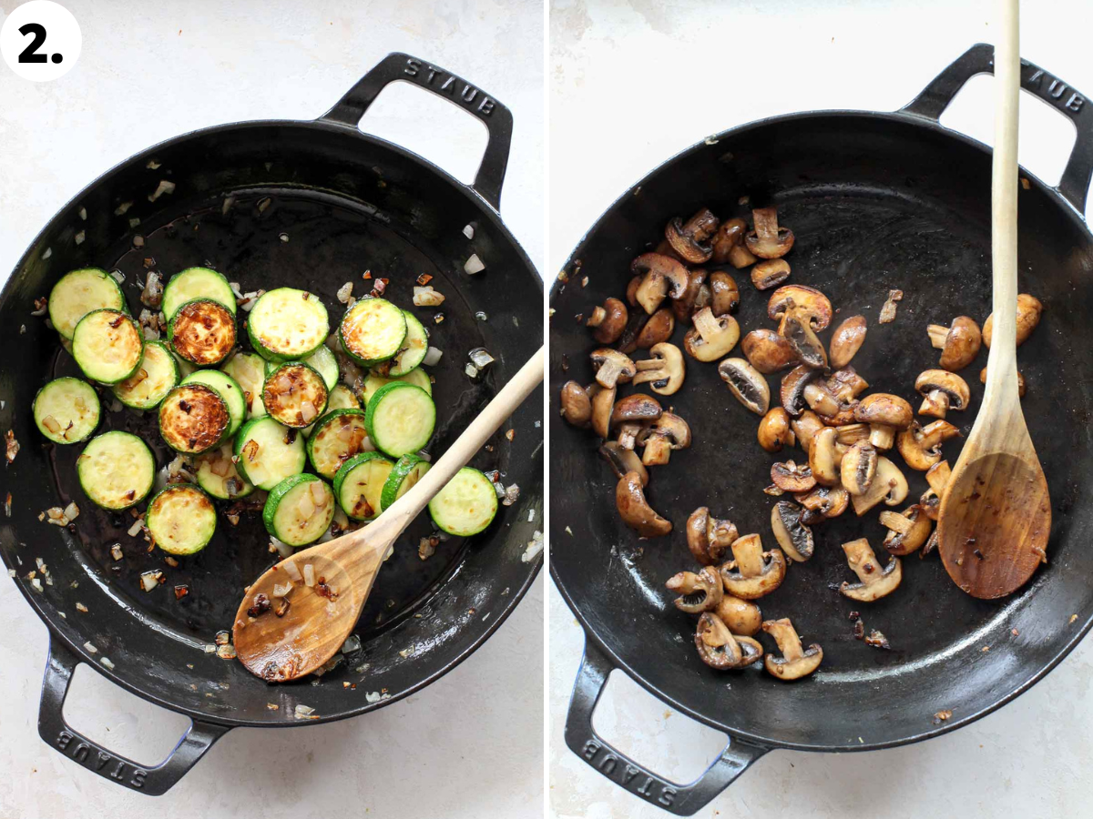 Zucchini and mushrooms being sautéed in a black cast iron skillet.