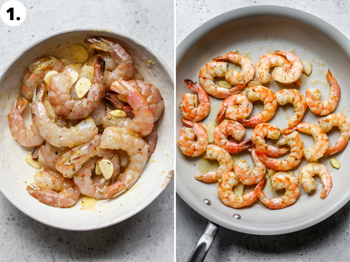 Raw shrimp being tossed in oil, lemon zest, and garlic, and cooked in a white skillet until opaque.