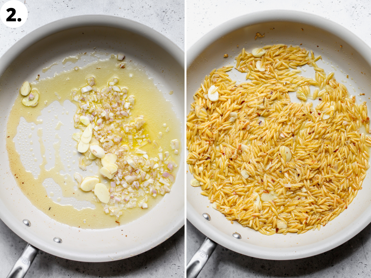 Garlic and shallots simmering in butter, and orzo being stirred in and toasted in a white skillet.