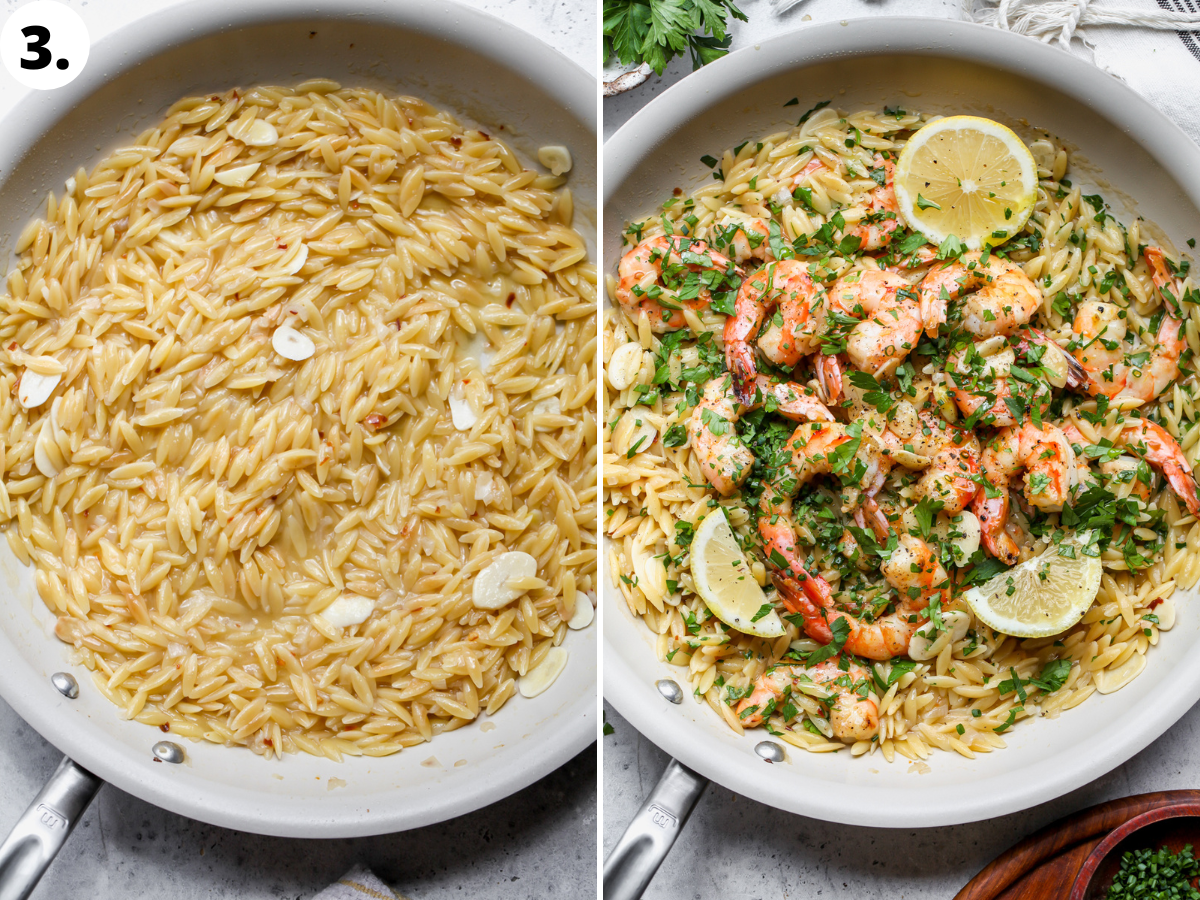Orzo being cooked until al dente in a skillet and topped with shrimp and herbs.