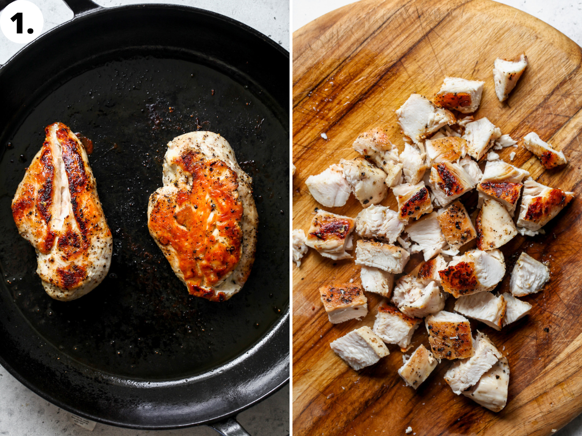 Chicken breasts being sautéed in a cast iron skillet, and cut into small cubes.