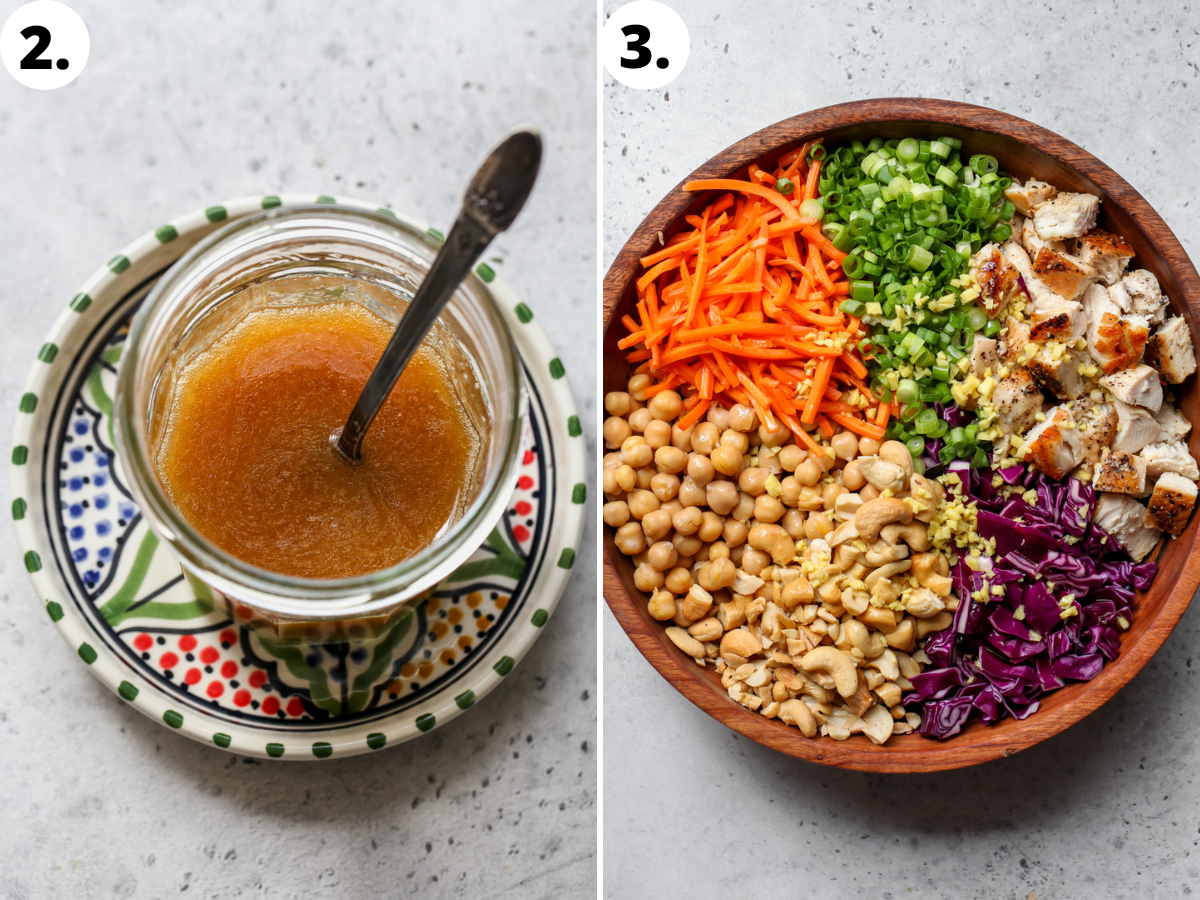 Sesame ginger dressing being mixed in a jar, and poured over salad components in a wooden bowl.