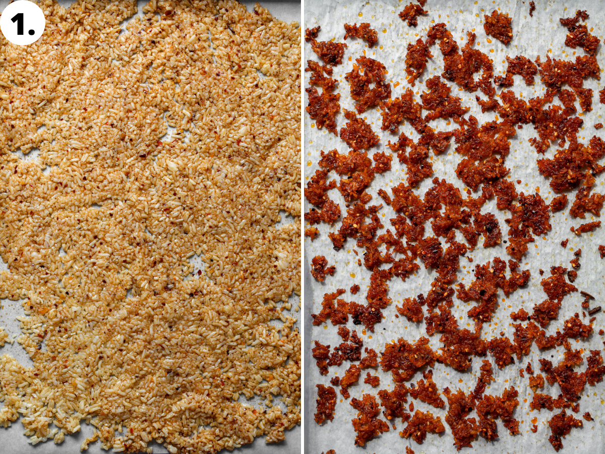 Long-grain white rice being mixed with seasoning and spread on a large baking sheet and roasted until crispy.
