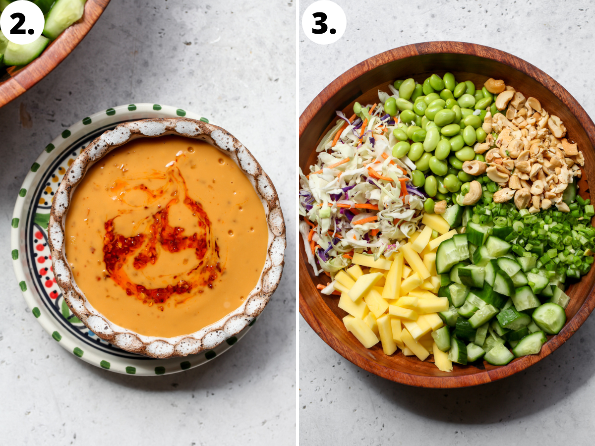 Chili-crisp tahini dressing mixed in a white bowl, and salad components being assembled in a large wooden bowl.