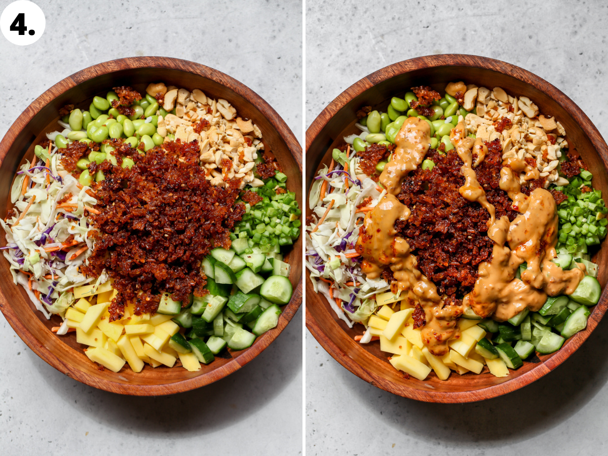 Crispy rice and dressing being added to salad components in a large wooden bowl.