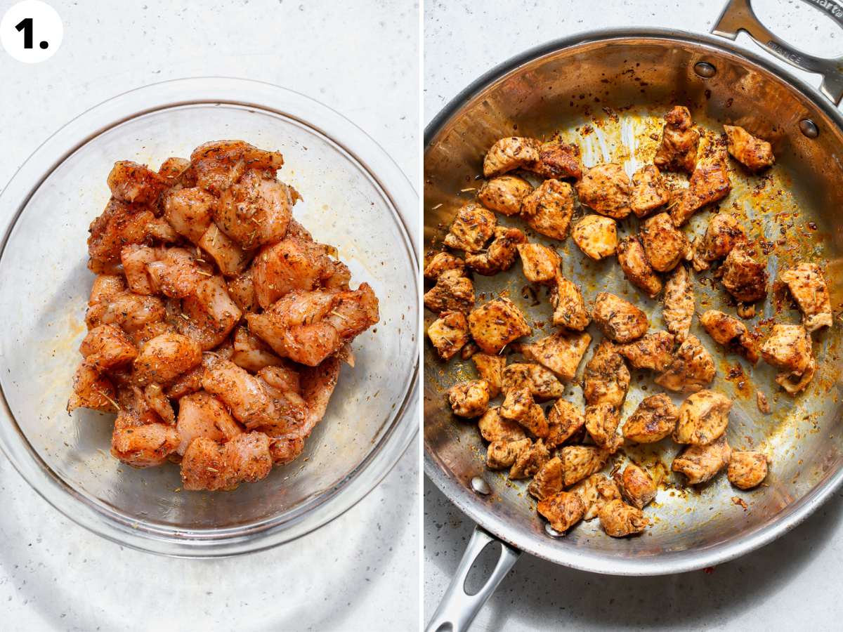 Cubes of chicken breasts being seasoned and sautéed in a large skillet.