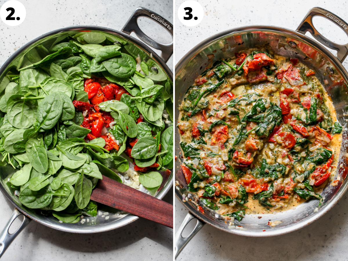 Spinach, roasted tomatoes, pesto, and heavy cream being added to pan.