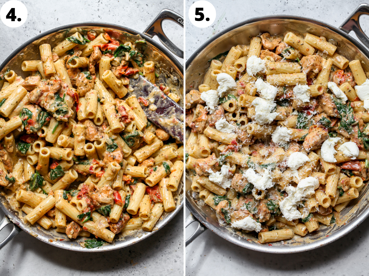 Cooked pasta and cheese being added to skillet.