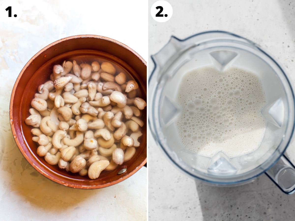 Cashews soaking in water and being blended in a blender until smooth.