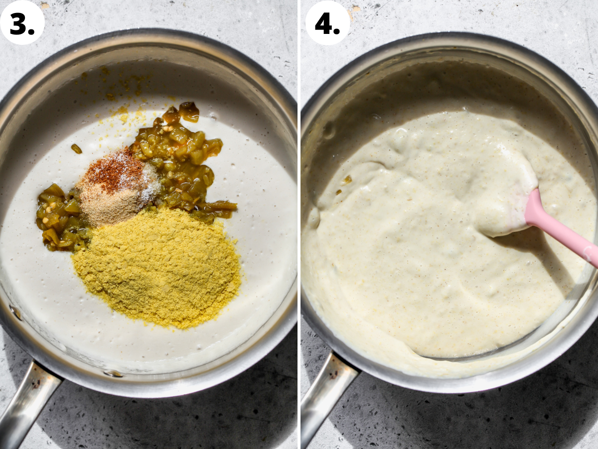 Green chiles, nutritional yeast, and spices being added to cashew mixture in a saucepan.