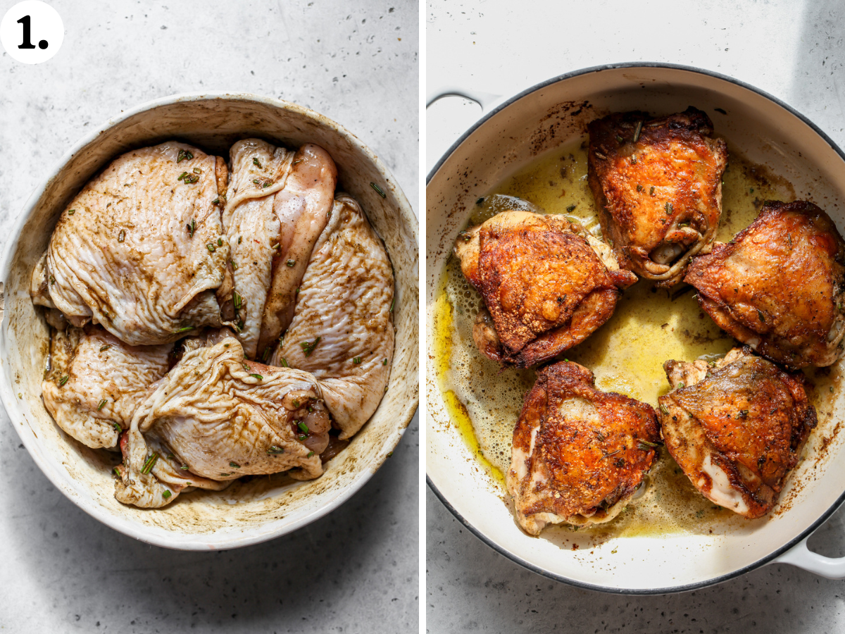 Bone-in, skin-on chicken thighs being seasoned and sautéed in a skillet until crispy.