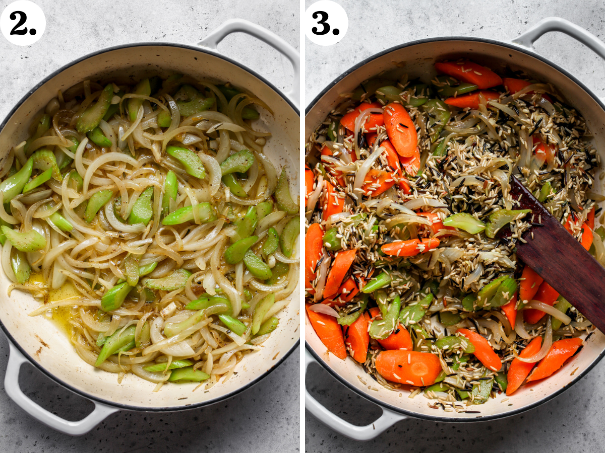 Aromatics being sautéed in a skillet, and wild rice being mixed in.