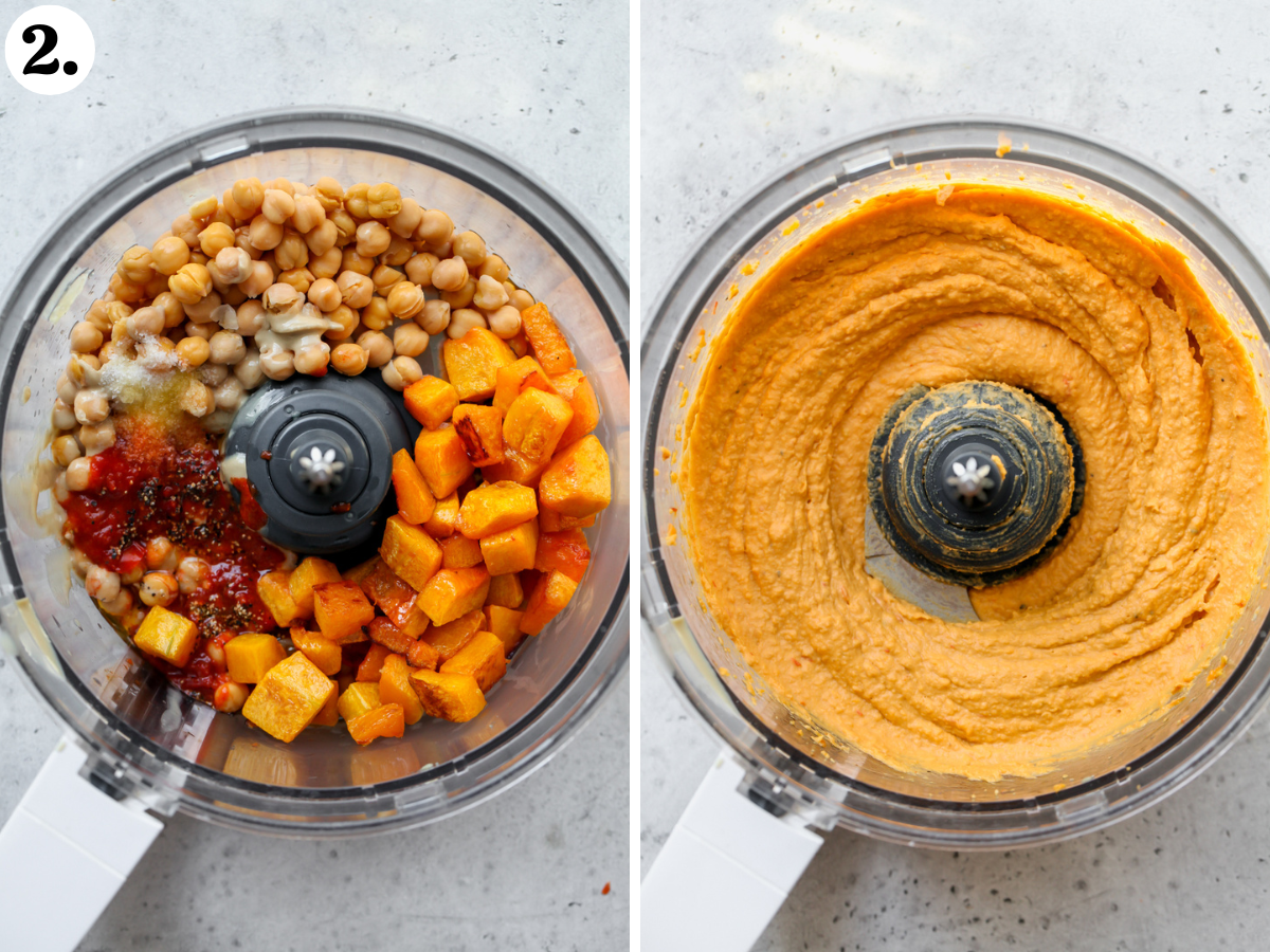 butternut squash, chickpeas, harissa, tahini, olive oil, and lemon being blended until smooth in a food processor.