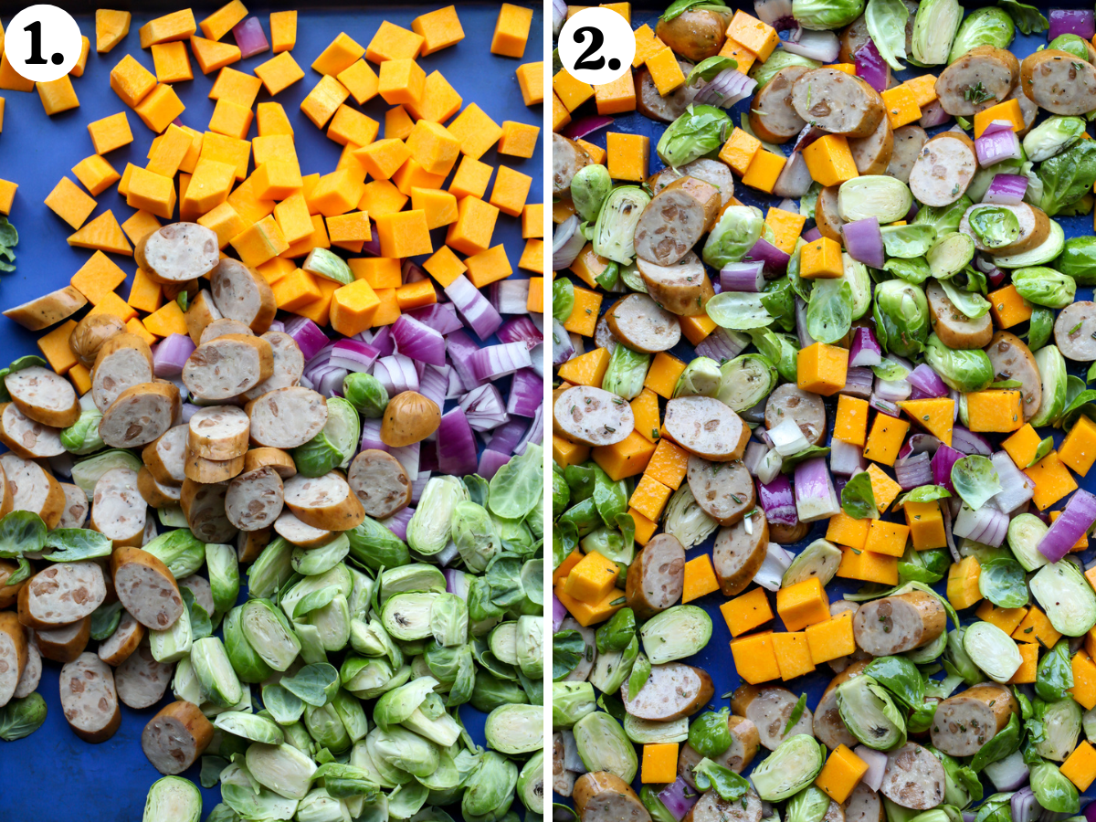 Butternut squash, Brussels sprouts, red onion, and chicken sausage arranged on a large blue baking sheet.