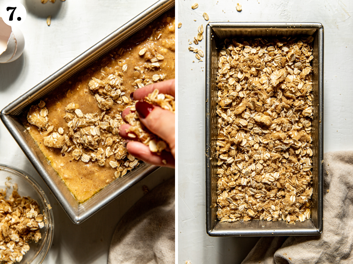 Apple bread being topped with oat crumble mixture and transferred to the oven.