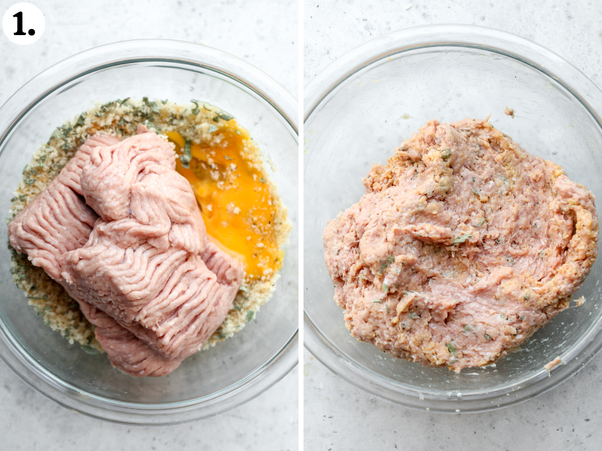 Ground turkey being mixed with panko, egg, parmesan, and spices in a large clear mixing bowl.