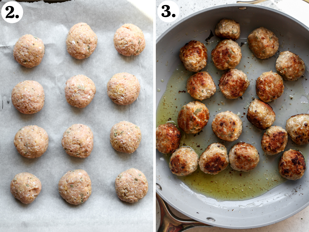Raw meatball mixture being scooped and shaped into balls, and seared in olive oil until golden.