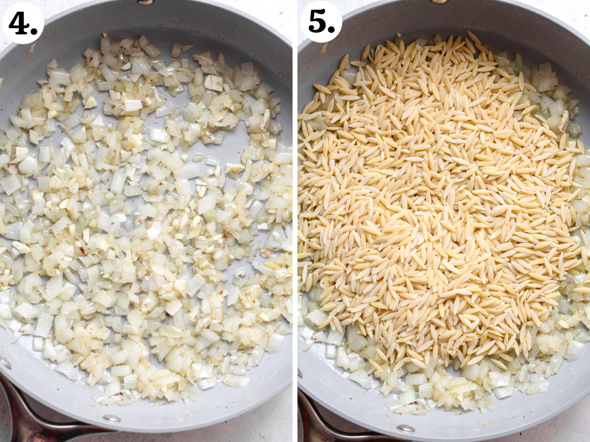 Onion and garlic being sautéed in a skillet, and orzo pasta being mixed in.