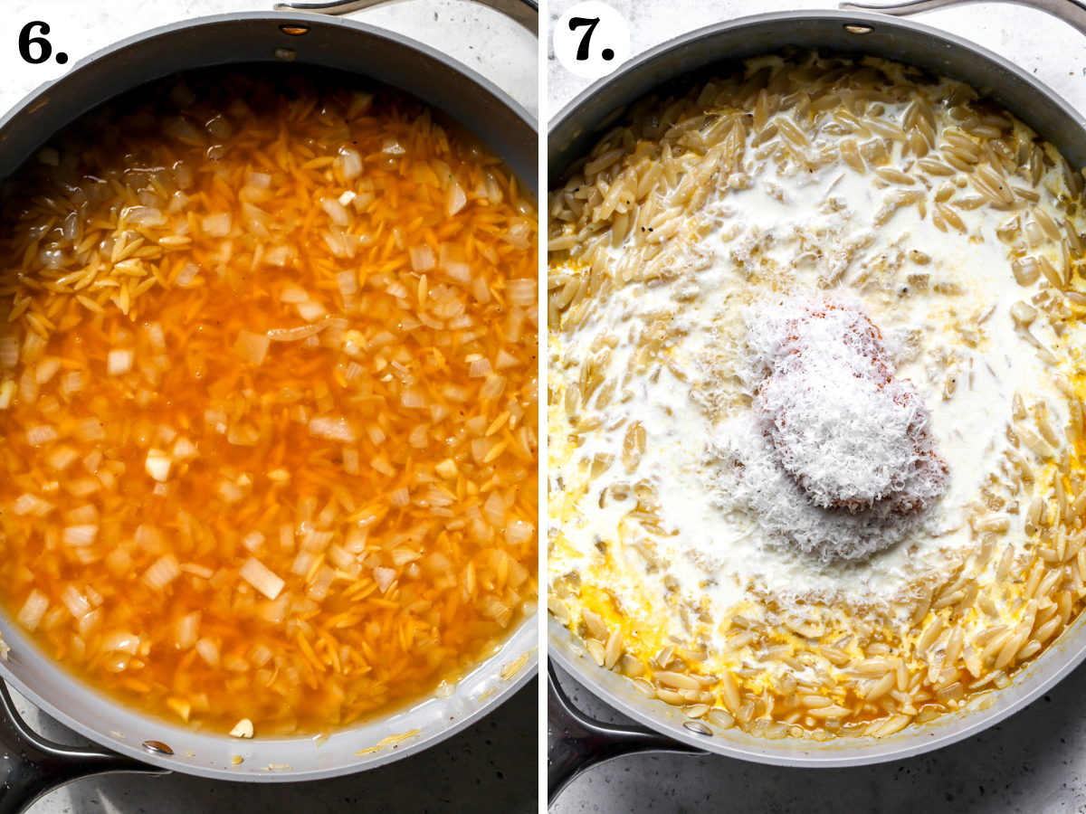 Broth, pumpkin puree, heavy cream, and Parmesan being added to skillet with orzo.