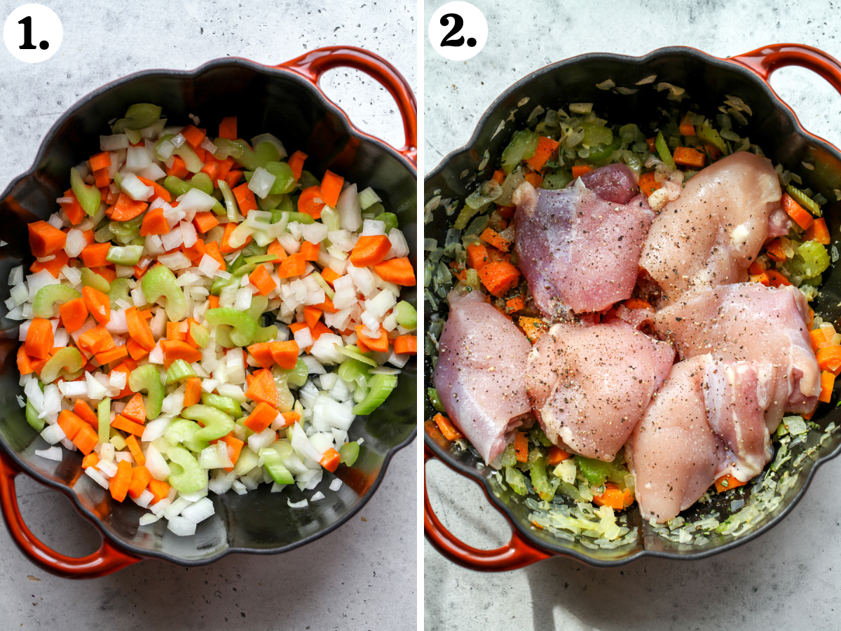 Onion, celery, and carrot being sautéed in a pot, and chicken thighs being placed on top.