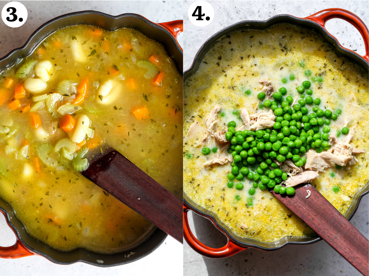 Broth being added to soup pot, along with shredded chicken, gnocchi, and green peas.