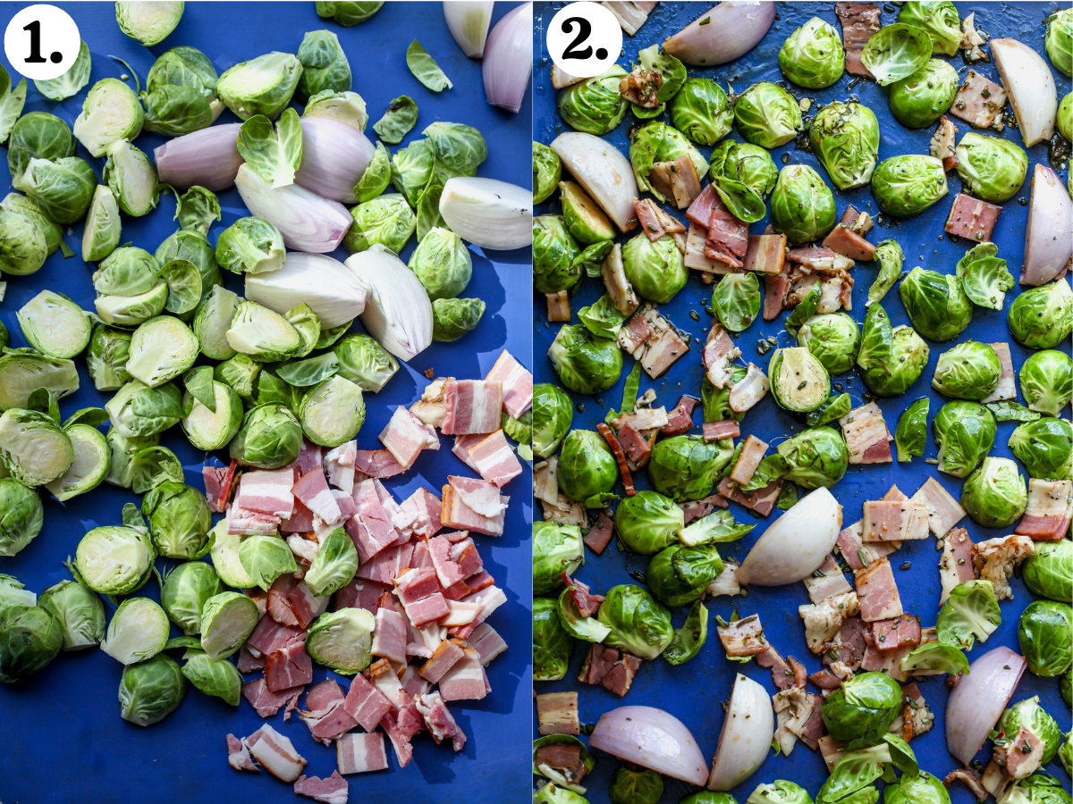 Brussels sprouts, bacon, and shallots being added to a baking sheet, and balsamic glaze poured overtop.