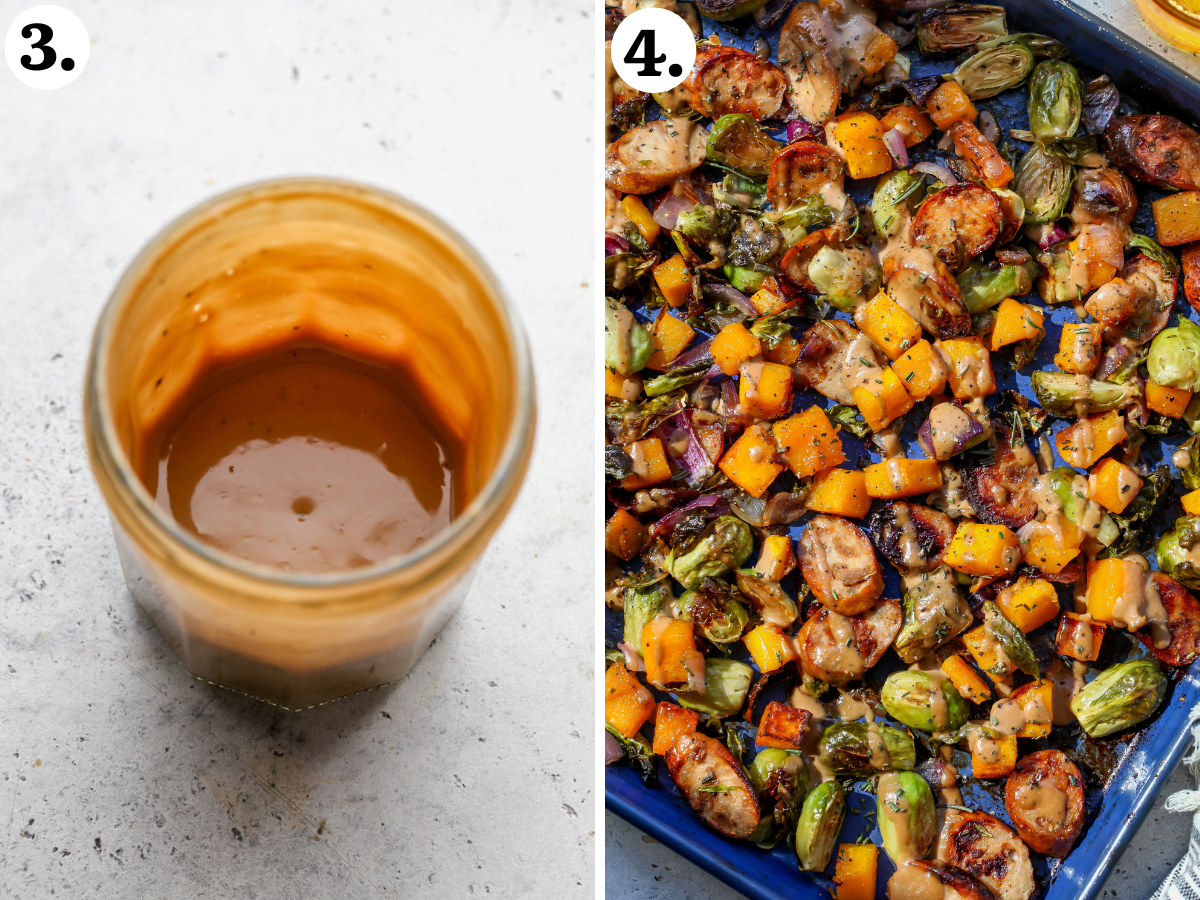 Balsamic tahini being mixed in a jar and drizzle over sheet pan mixture after baking.