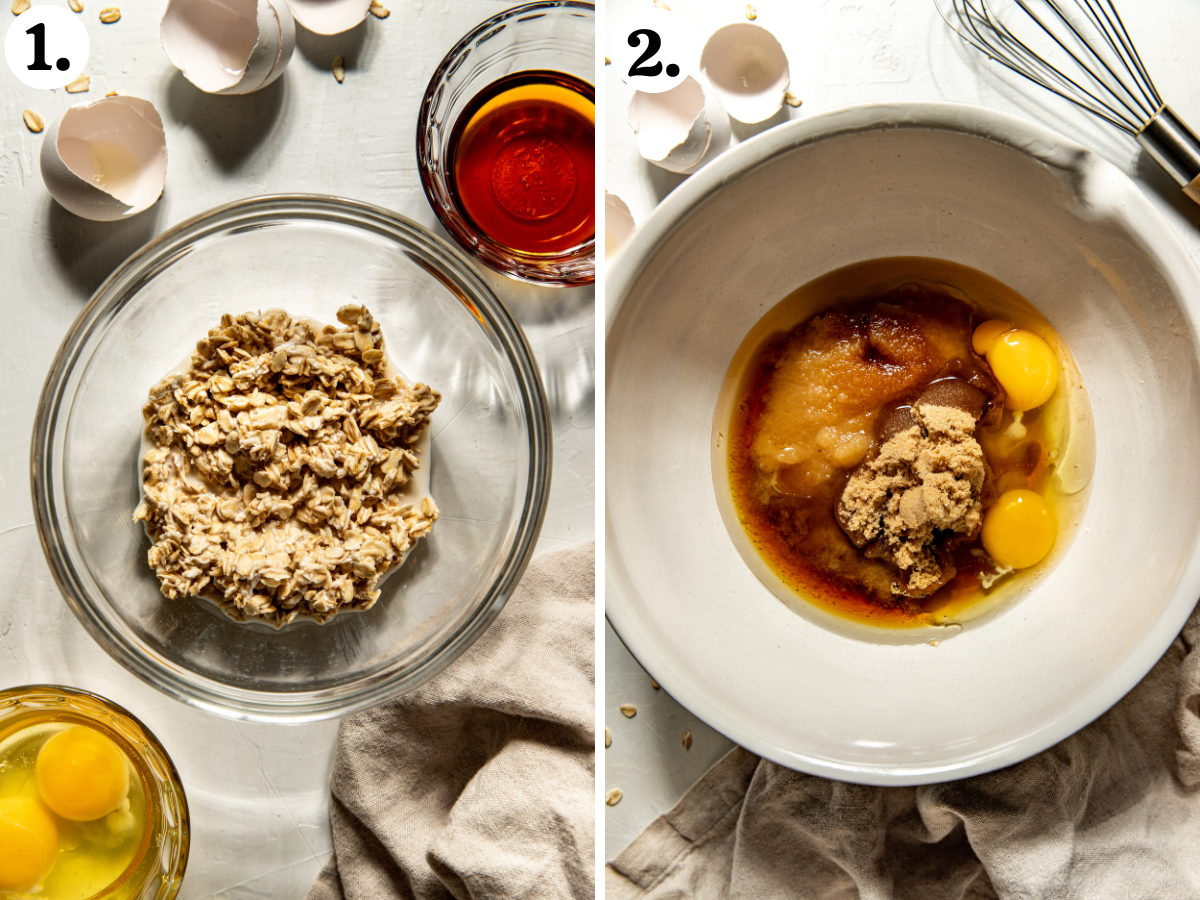 Oats being soaked in a bowl, and wet ingredients being combined in a large mixing bowl.