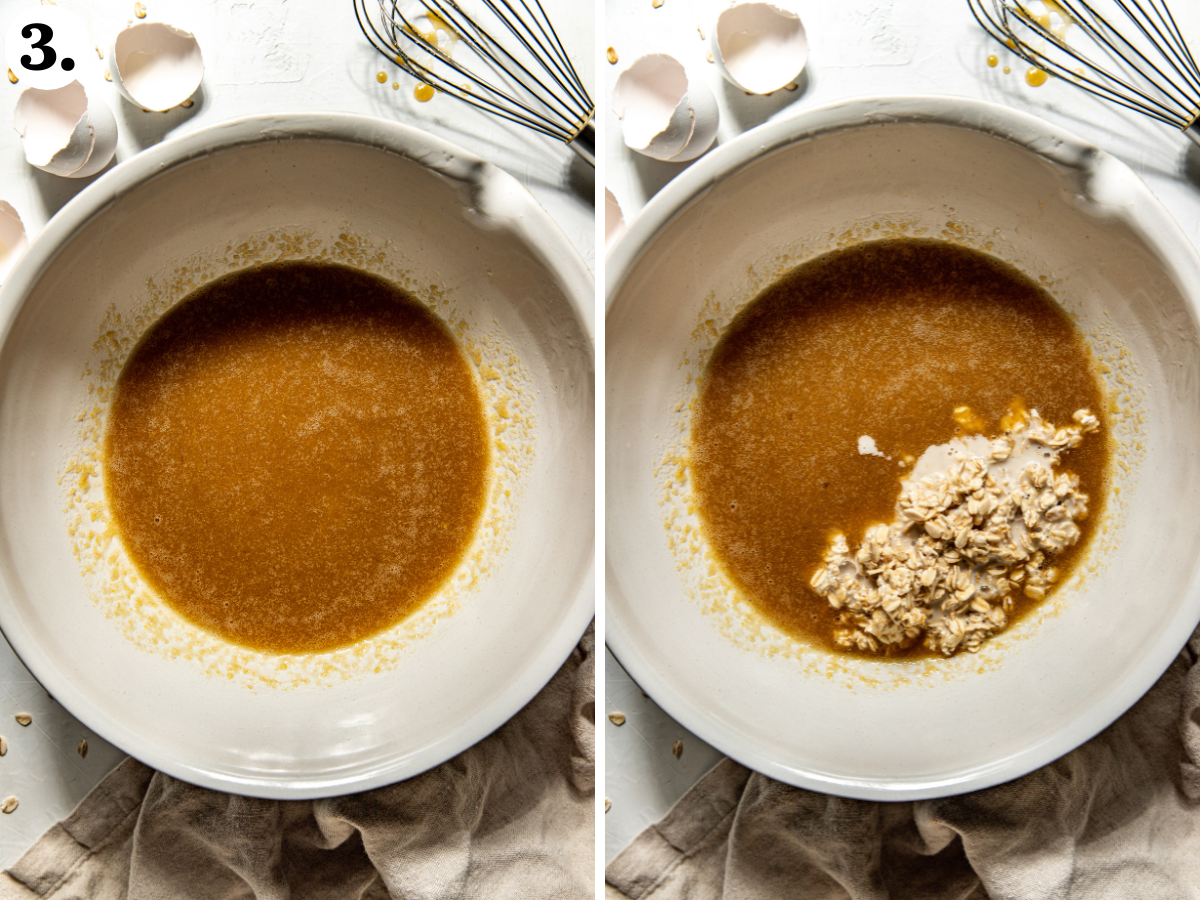 Soaked oat mixture being added to the wet ingredients in a large mixing bowl.