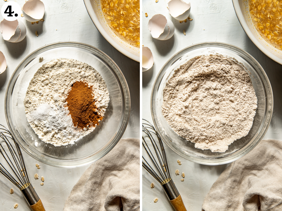 Flour, spices, and baking powder being combined in a large mixing bowl.