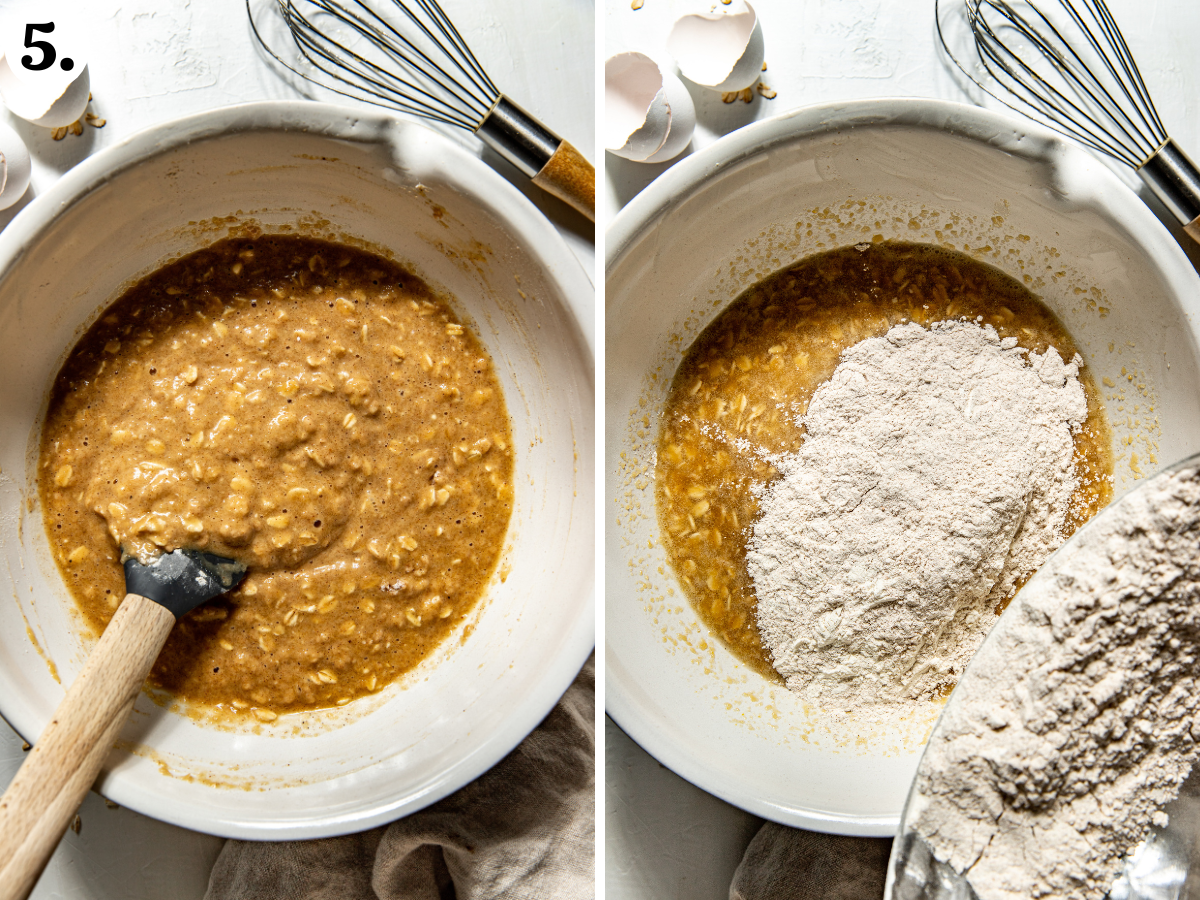 Dry ingredients being added to the bowl of wet ingredients.