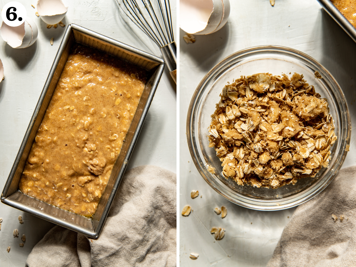Bread batter poured into a loaf pan, and oat crumble mixture being mixed in a small clear bowl.