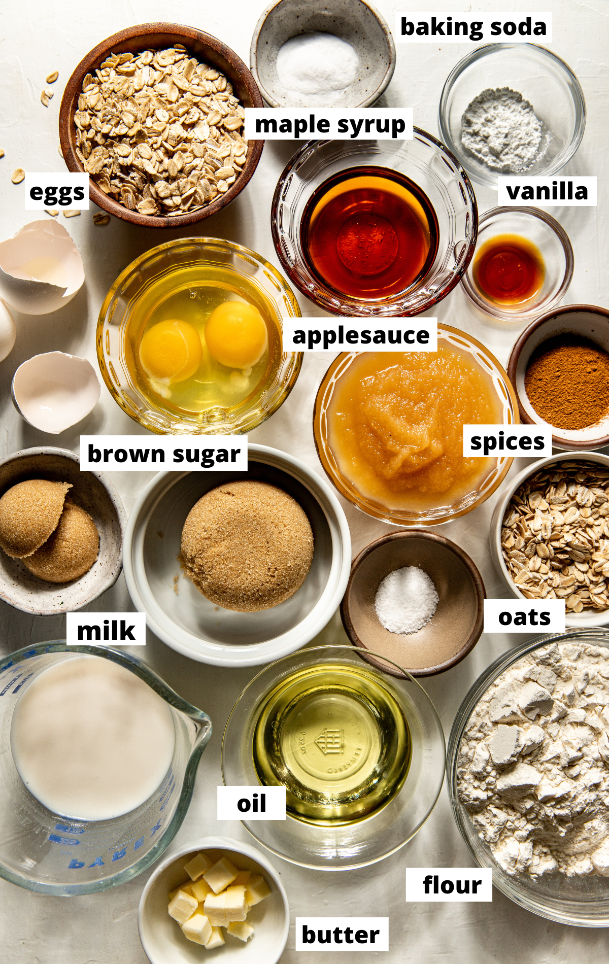 Recipe ingredients in separate bowls arranged on a white surface with labels.