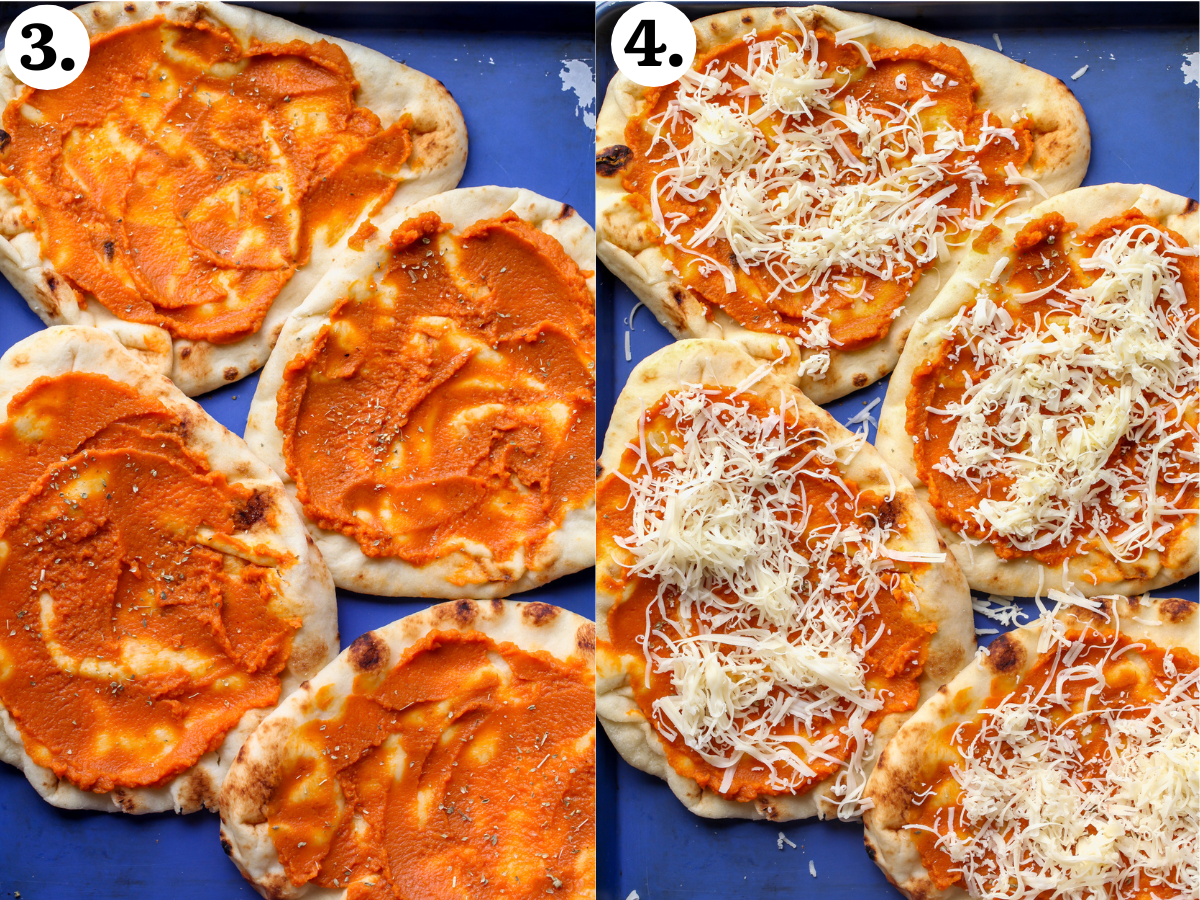 Pumpkin puree and Fontina cheese being added to naan bread on a blue baking sheet.