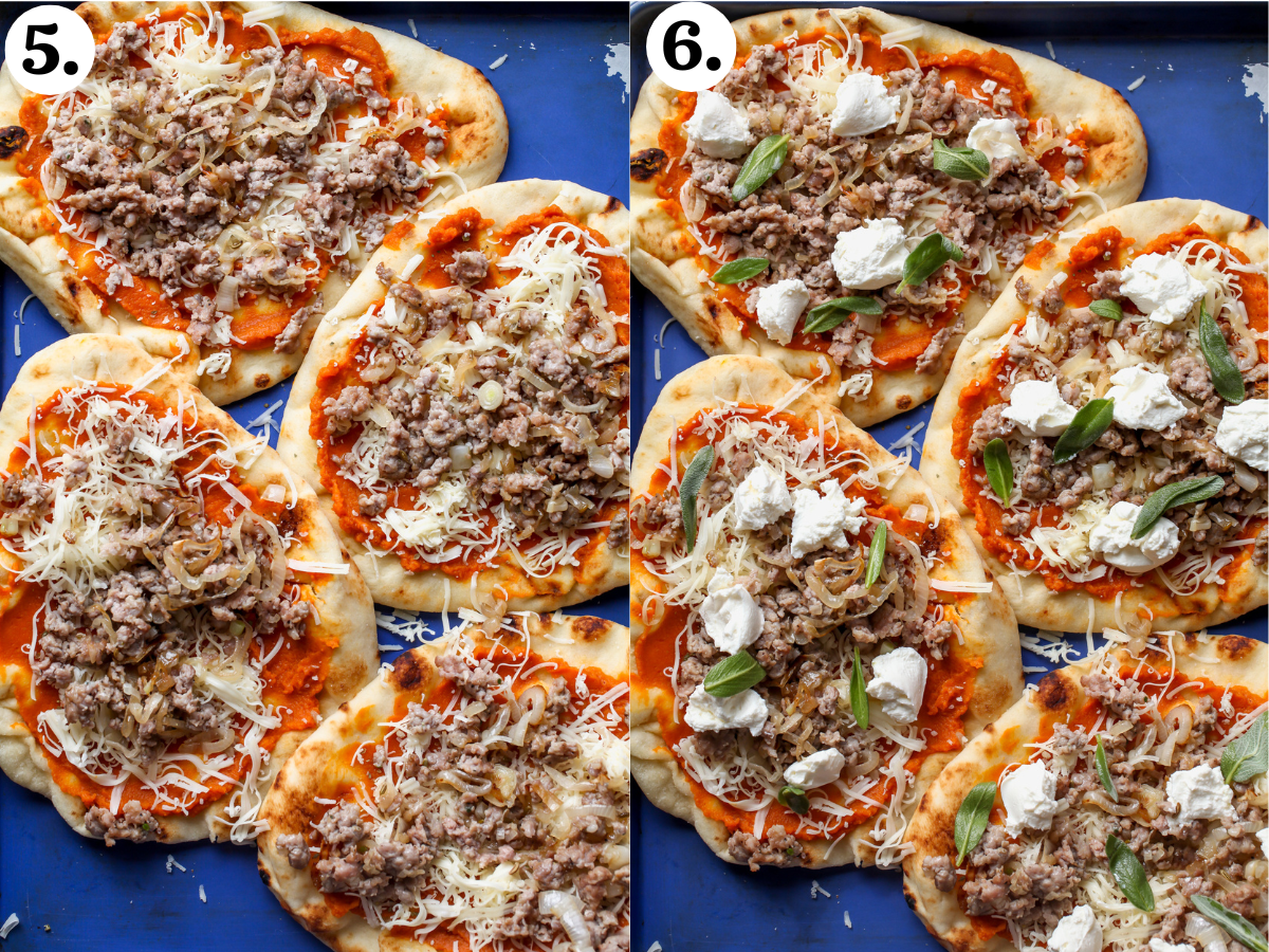 Crumbled sausage, ricotta cheese, and sage leaves being added to naan pizzas on a large blue baking sheet.
