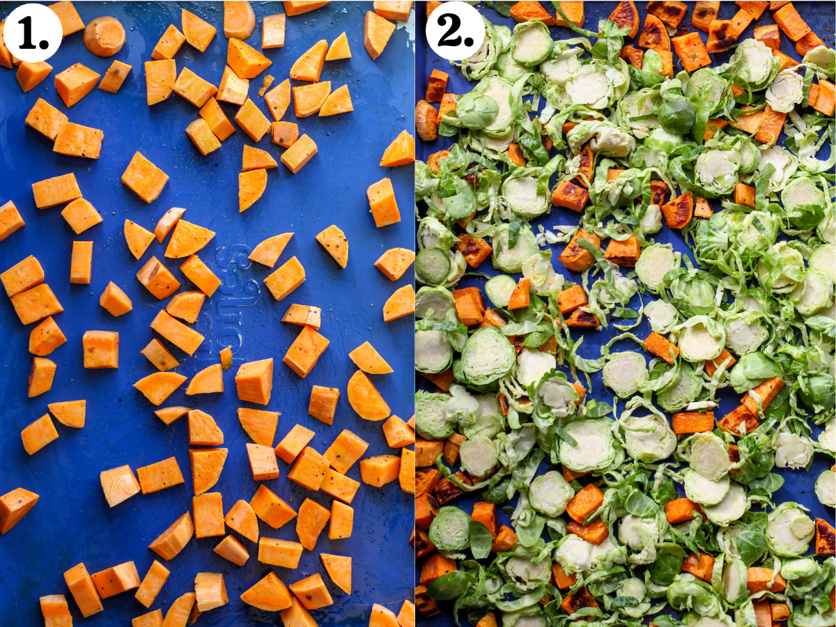 Sweet potatoes and Brussels sprouts being roasted on a large blue baking sheet.
