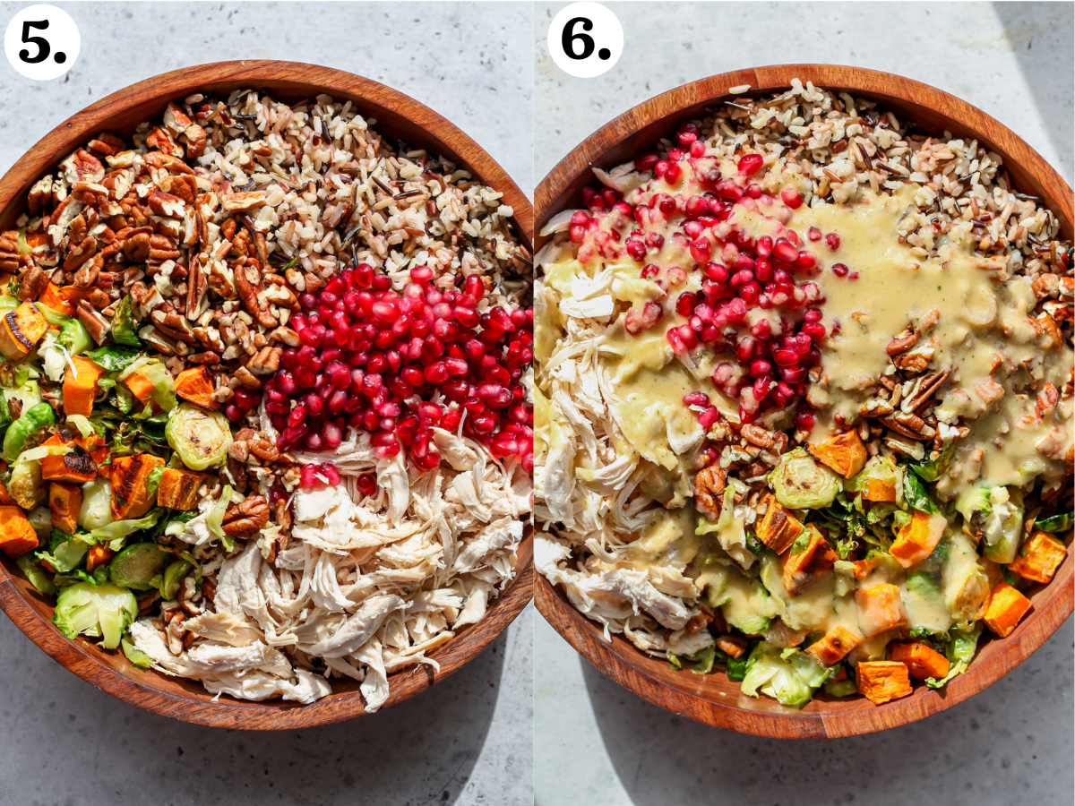 Wild rice, roasted veggies, chicken, pecans, and pomegranate being added to a bowl and dressing being poured overtop.