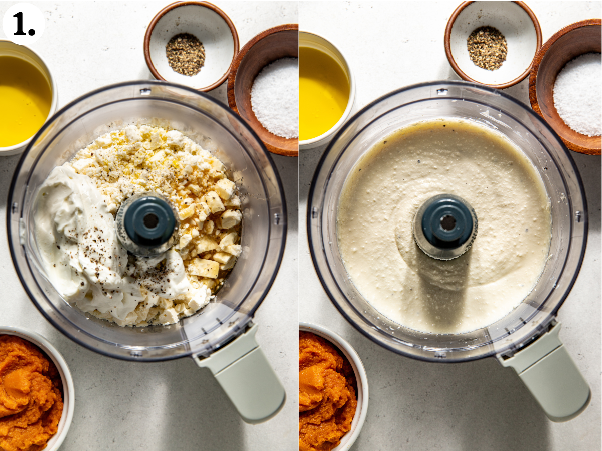 Feta, yogurt, honey, and olive oil being whipped until smooth in a food processor.