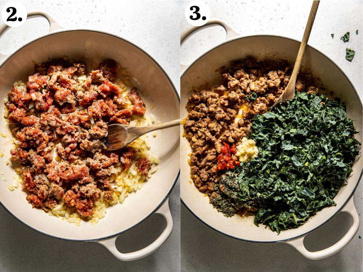 Sausage, onion, garlic, and kale being sautéed in a skillet.